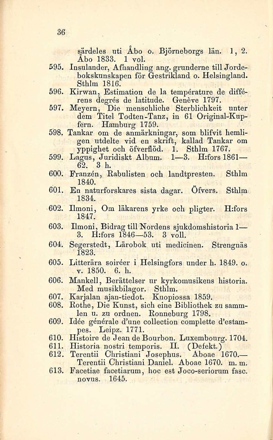 36 särdeles uti Åbo o. Björneborgs län. 1, 2. Åbo 1833. 1 voi. 595 Insulander, Afhandling ang. grunderne tili Jordebokskunskapen för Grestrikland o. Helsingland. Sthlm 1816.