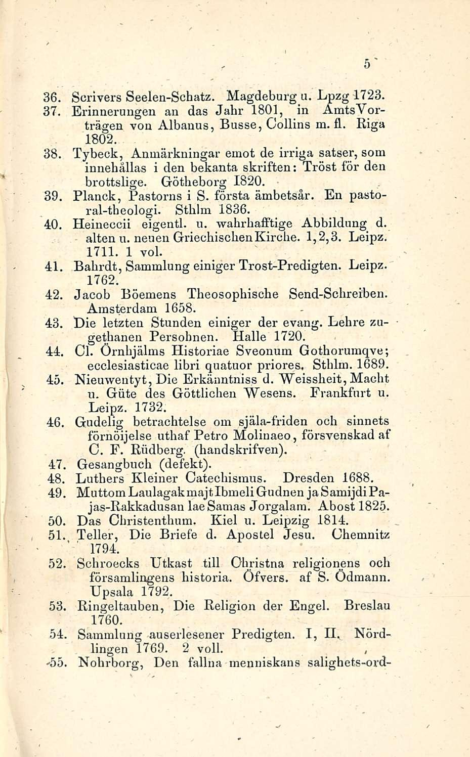 36. 37. Sorivers Seelen-Schatz. Magdeburg u. Lpzg 1723. Erinnerungen an das Jahr 1801, in AmtsVorträgen von Albanus, Busse, Collins m. fl. Riga 1802. 38.