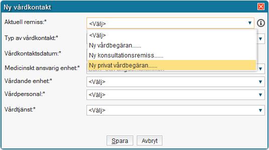 7 Bilaga - Registrering av fritidsförskrivning i Cosmic Välj ny privat vårdbegäran Välj mottagande enhet samt