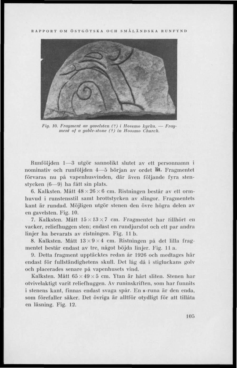 RAPPORT OM ÖSTGÖTSKA O C II SMÅLÄNDSKA RINFVNII Fig. 10, Fragment nu gaudstcn (?) i Hossmo kyrka. Fragment of a gahle-stone (9) in Hossmo Church.