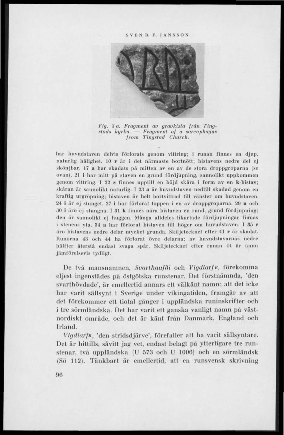 S V B N B. P, JANSSON ÉÉMtMH Fig. 3 u. Fragment av gravkisla från Tingriads kgrka, Fragment of a tareophagu» from Tingttad Church.