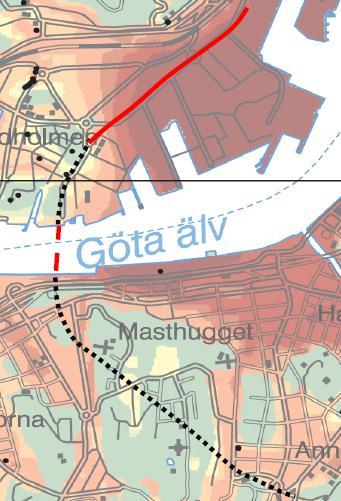 Lindholmsförbindelsen Bergtunnel mellan Linnéplatsen och Stigbergstorget/Sjöfartsmuséet Jordtunnel under Älven Bergtunnel Öster om Slottsberget Övergång till gatuplan med spårväg på Lindholmsallén