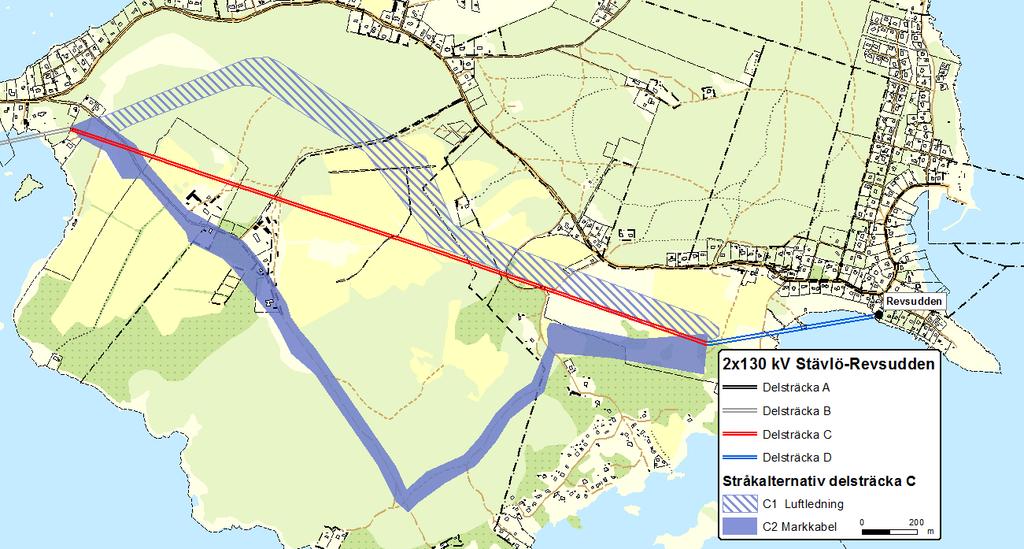 Figur 3.3. Luftledning- respektive markkabelalternativ på delsträcka C, Drag-Revsudden. 3.4 Delsträcka D, vid Revsudden De alternativ som identifierats på delsträckan in mot stationen i Revsudden framgår av figur 3.