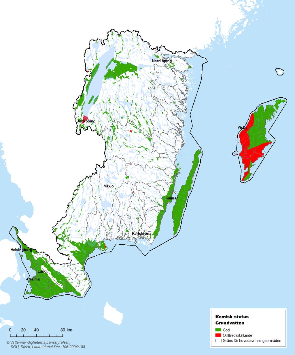 Karta 2.6. Kemisk status för grundvattenförekomster i Södra Östersjöns vattendistrikt.