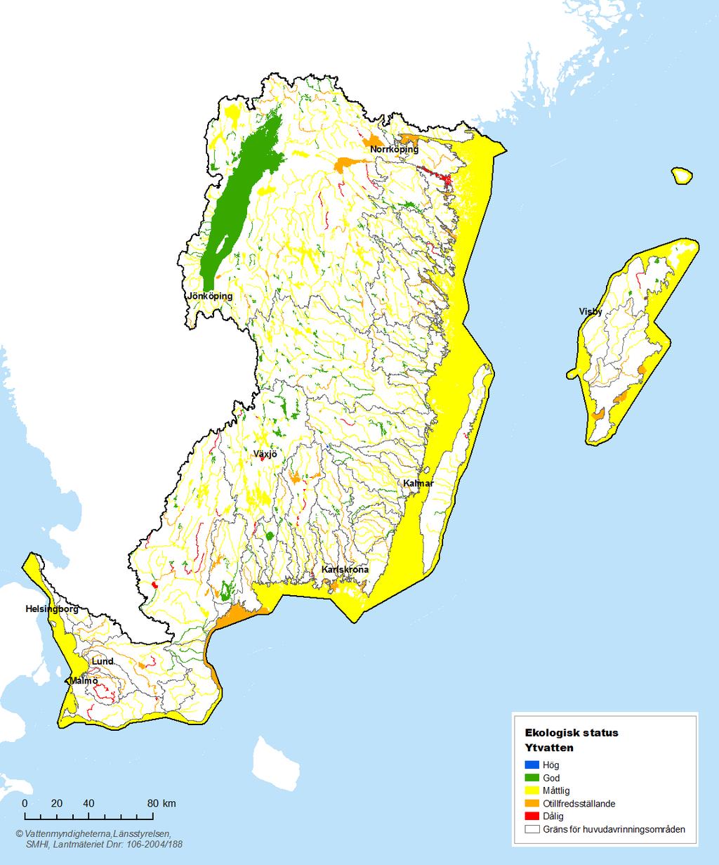 Karta 2.9. Ekologisk status i Södra Östersjöns vattendistrikt.