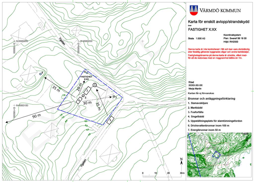 Till ansökan ska bifogas Skalenlig situationsplan, karta för enskilt avlopp/strandskydd eller motsvarande (se exempelkarta). Kartan går att beställa från Kart och GIS-enheten på Värmdö kommun.