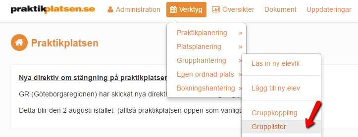 Inloggningsuppgifter till elev För utskrift: Verktyg -> Grupphantering -> Grupplistor Filtrera fram aktuell grupp exportera till excel för att kunna skriva ut Skicka via mail: Verktyg ->