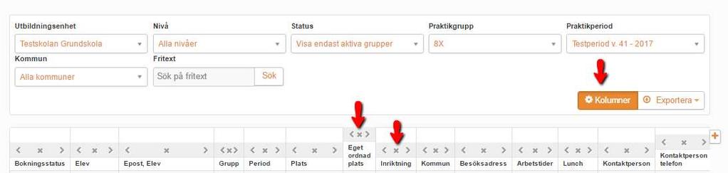 redigera kolumner innan utskrift klicka på [Kolumner] och sedan på [x] vid de