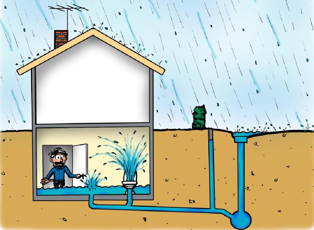 Fyra typer av källaröversvämningar 1 Vatten tränger in genom fastighetens avloppssystem Översvämning vid regn Dagvattenförande ledningar dimensioneras så att de ska klara alla normala regn.