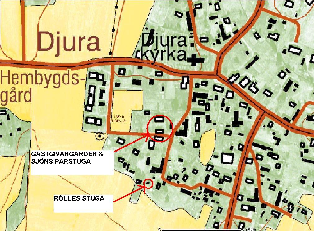 3 Geografiskt läge Alla byggnaderna finns samlade på två närstående fastigheter strax söder om Djura kyrka, koordinater Lat: N 60º 36' 37.0" Long: E 15º 0' 1.26" enligt system WGS 84 RT90.