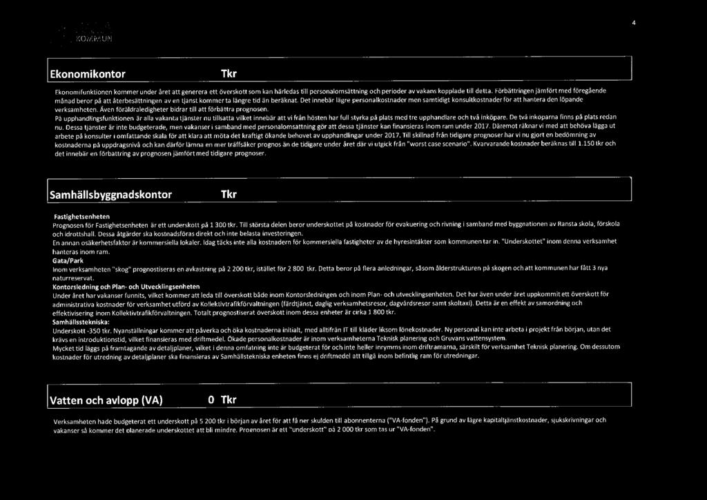 63 SALA 4 Ekonomikontor -1 Tkr Ekonomifunktionen kommer under året att generera ett överskott som kan härledastill personalomsättning och perioder avvakanskoppladetill detta.