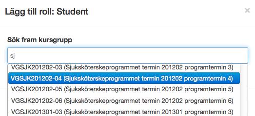 Namnet på kursgrupperna är uppbyggt av Kurskod (5 bokstäver + 2 siffor) + År (4 siffror) + Termin (2 siffor, 01 = vår, 02 = höst) + Termin i kursen/programmet (2 siffror).