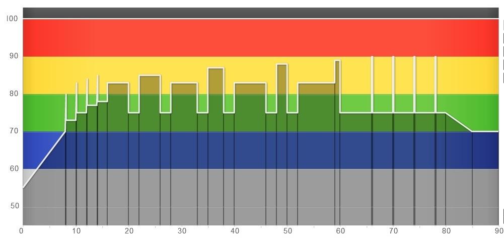 6 min Styrka, AT-, rpm 65-60, Borg 15-16 2 min Motorik, AT+, rpm 95-105, Borg 17 7 min Styrka, AT-, rpm 65-60, Borg 15-16 1 min Motorik, AT+, rpm 95-105, Borg 17. Ev.