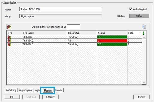 2. ÅTGÄRDSPLAN 7.30 Utlarmning av resurs i åtgärdsplan Resurser kan knytas till åtgärdsplan och larmas beroende på resursens typ status och följd.