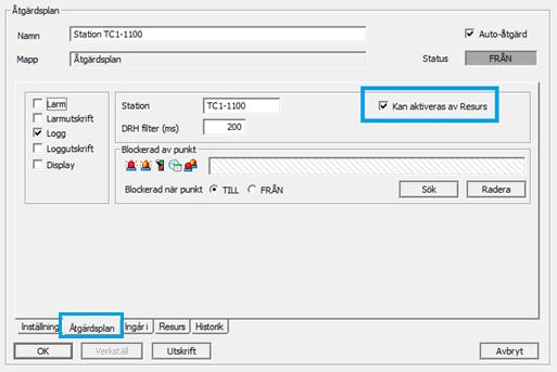 Larmas en resurs med station TC1-1100 så kommer åtgärdsplanen ovan att aktiveras och utföra de åtgärder som är knutna till den. En åtgärdsplan kan inte både larma resurs och aktiveras av resurs.