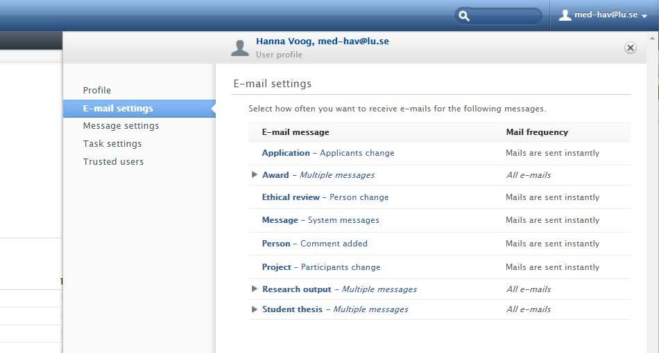 Hur ställer jag in aviseringar från systemet? Det finns i dagsläget ingen funktion i LUCRIS som gör att du kan få epostmeddelande endast när en specifik forskningsoutput-typ kommit in för validering.