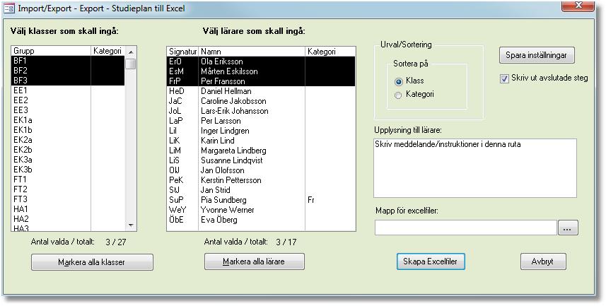 Studieplaner till Excel Alternativet är bara synligt om rutan Visa Export/Import via Excel för studieplan är markerad under Inställningar Rapporter.