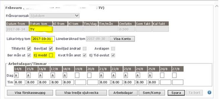 Vad behöver göras i frånvaron? Nu tar administratör ställning, i exemplet nedan: Skall Läkarintyg förlängas? Datum tom sättas?