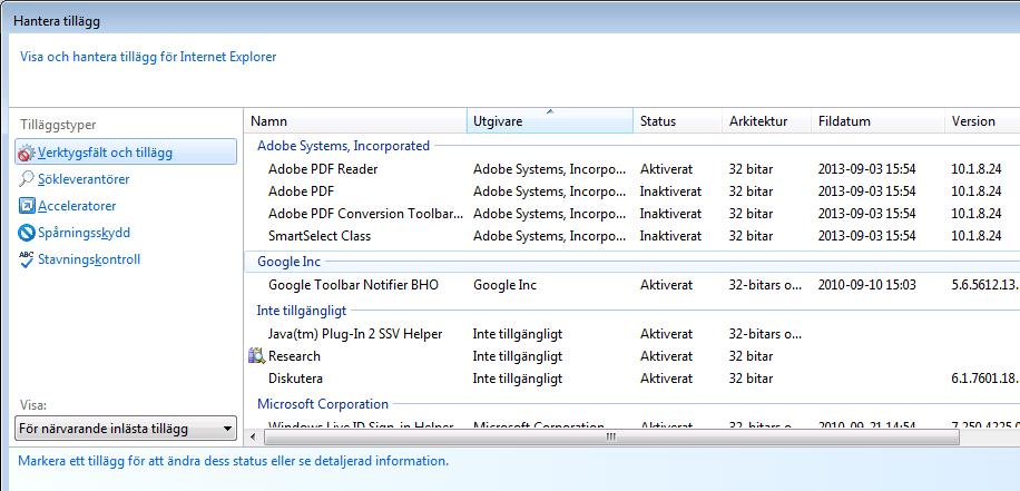 88 (92) Följande fönster öppnas. Markera Adobe PDF Reader i listan. Klicka på Aktivera. Stäng rutan. Starta om webbläsaren.