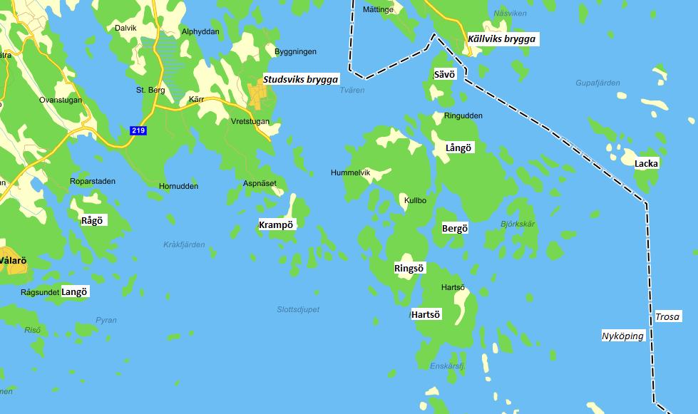 Långö Hartsö Sävö Krampö Lacka Långö skolas brygga Viks brygga Ekbacken Trafiken angör Källviks brygga helgfri måndag, torsdag och fredag klockan 09:00 och 15:00, lördag klockan 09:00 och söndag