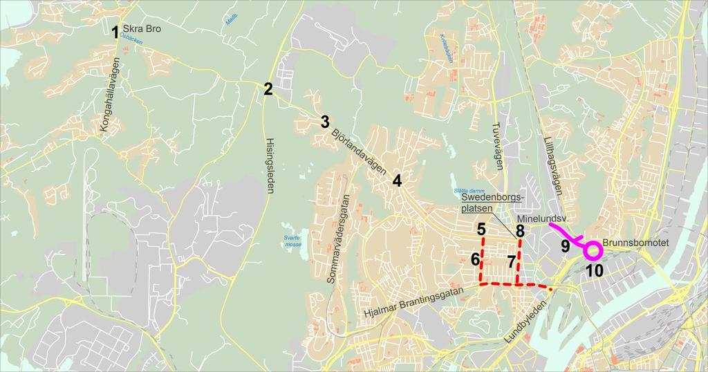 Figur 2 Björlandavägen i sin helhet mellan Skra Bro (1) och Swedenborgsplatsen (8) samt dess anslutningar mot centrum och Lundbyleden. Övriga numrerade platser har referenser i texten nedan.