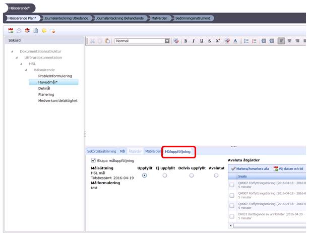Klicka sedan ner till Huvudmål eller Delmål (där du skrev målet) och öppna fliken Måluppföljning. Där bockar du i Skapa måluppföljning och fyller i om målet är uppfyllt eller ej.