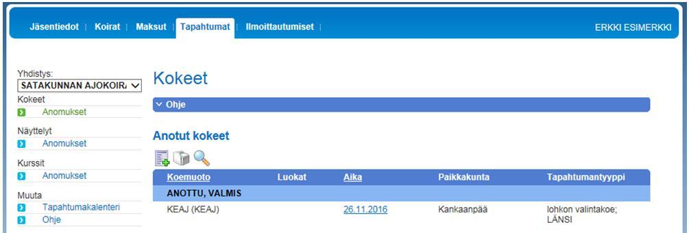 14.10.2016 3(16) Rätt att ansöka om prov elektroniskt Omakoira-tjänstens Tapahtumat (Event) flik syns för användaren ifall denna har rättighet att uppdatera föreningens uppgifter eller evenemang.