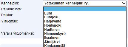 14.10.2016 8(16) Ort och plats Orten väljs från listan som avgörs av kenneldistriktsvalet. I Paikka (Plats) fältet kan man skriva en fritt formulerad, närmare beskrivning om eventplatsen.