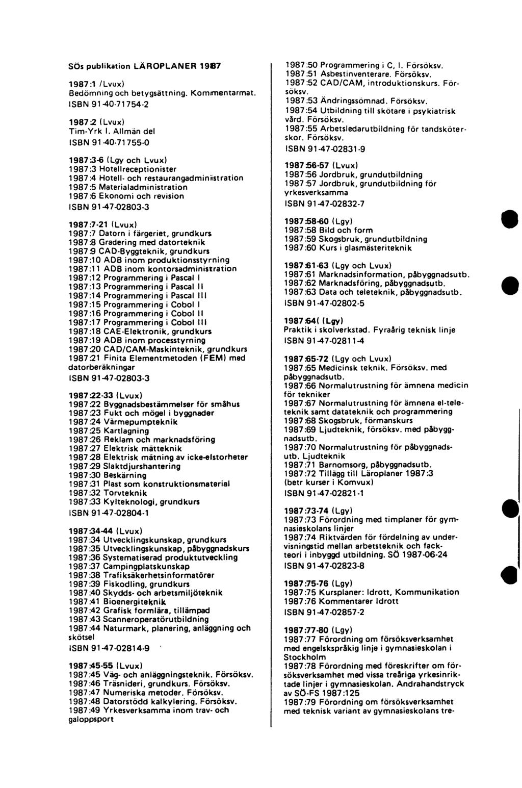 SÖs publikation LÄROPLANER 1987 1987:1 /Lvux) Bedömning och betygsättning. Komimentarmat. ISBN 91-40-71754-2 19872 (Lvux) Tim-Yrk I.