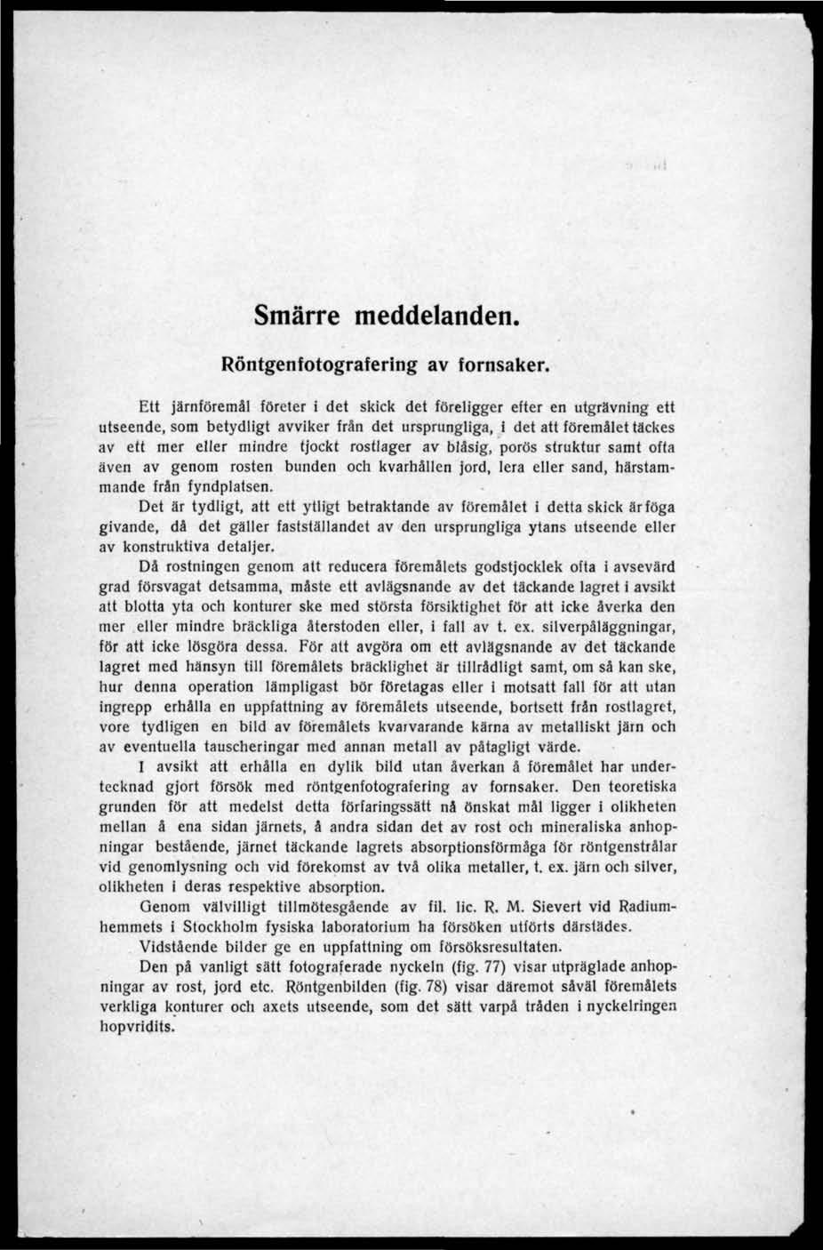 Smärre meddelanden. Röntgenfotografering av fornsaker.