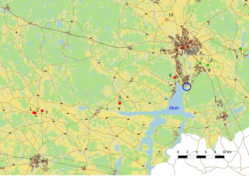 Figur 1. Kända aspleklokaler (fyllda punkter, röda och gröna) och lokaler i Uppsala län (utom Dalälven) besökta 2016 (röda punkter och ringar).