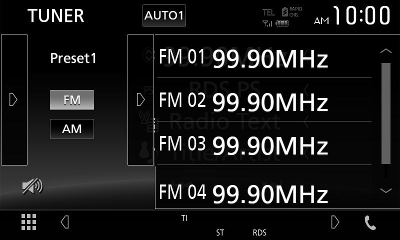 Innehåll A: PS-namn, radiotext, låttitel & artistnamn Innehåll B: PTY-genre, radiotext plus Preset#: Förinställningsnummer 2 [AUTO1] / [AUTO2] / [MANUAL] Växlar sökläge enligt följande ordningsföljd: