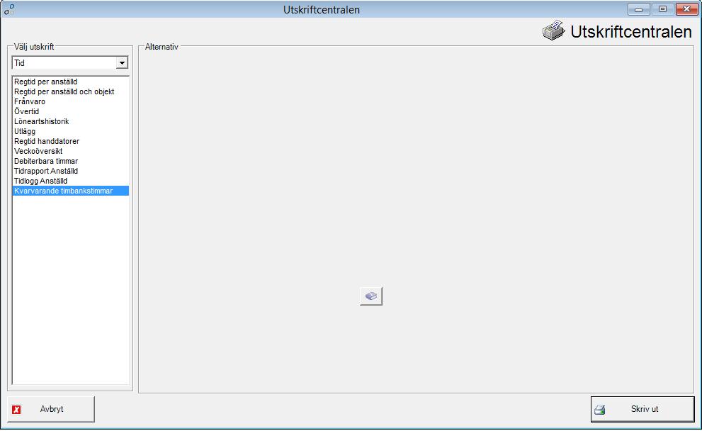 Utskriften finns under Utskrifter utskriftcentralen tid. Rapporten heter Kvarvarande tidbankstimmar.