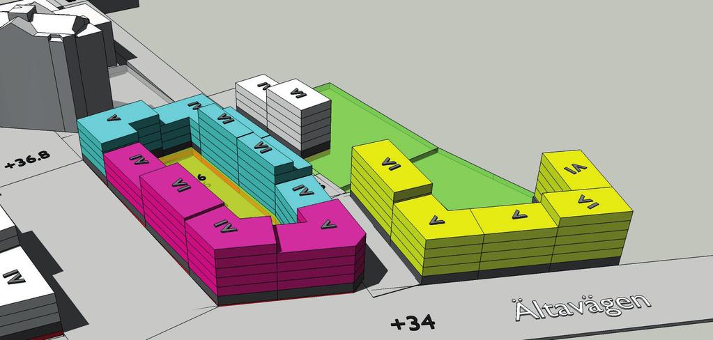 Volymskissen illustrerar de kvarter och delkvarter som omfattas av anbudstävlingen. Bottenvåningar med handel eller verksamhet illustreras med en mörkare kulör.