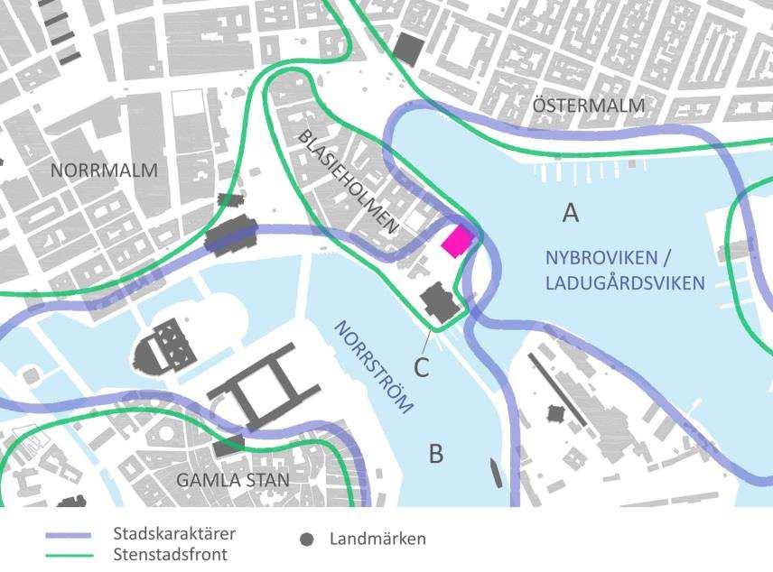 B Norrström inom lila streckad linje. Grönsträckad linje visar stenstadsfronten. Källa: Nobel Center Konsekvensbeskrivning för stadsbild och kulturmiljö.