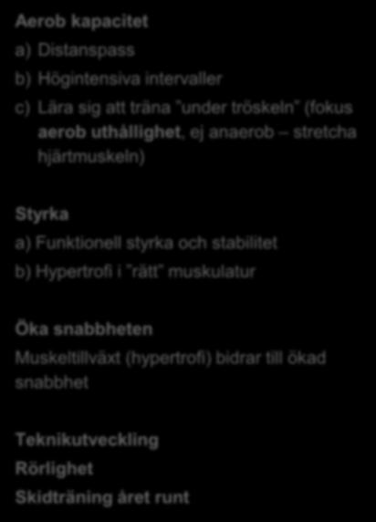 Uppbyggnadsstadiet - träning under puberteten Aerob kapacitet a) Distanspass b) Högintensiva intervaller c)