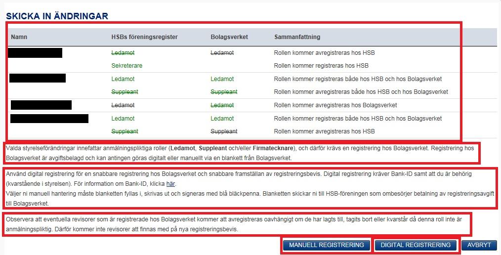 Tänk på detta vid önskan om manuell registrering» I de fall bostadsrättsföreningen i sitt ekonomiska eller administrativa avtal köper tjänsten för ändringanmälan till Bolagsverket kan manuell