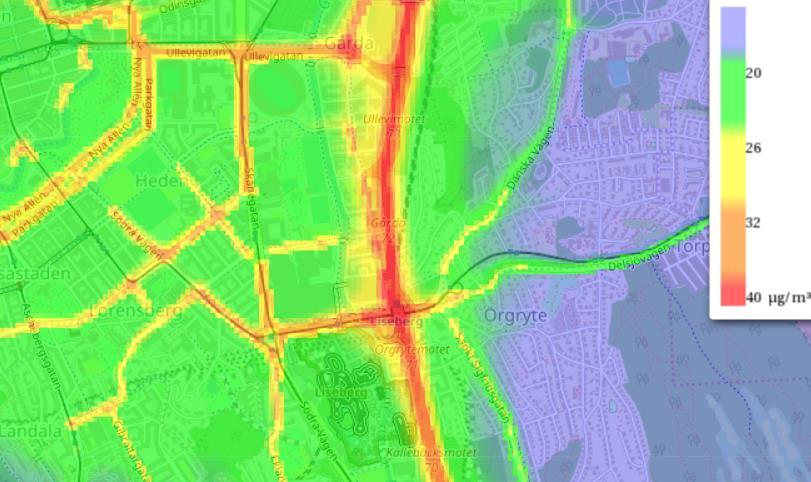 Resultaten presenteras som färgade skikt på en stadskarta där blåa områden är de minst