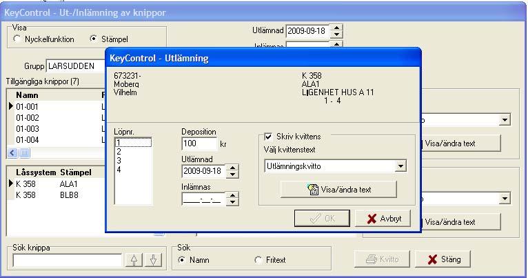 Eftersom löpnummer inte finns angivet på denna knippa kommer nyckelutlämningsmenyn upp vid utlämningen där löpnummer