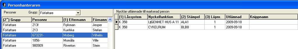 Nycklarna är utlämnade till personen och visas i Personhanteraren som vanliga nycklar. Enligt nedan.