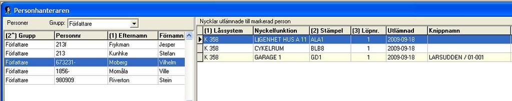 Om en nyckel i en delbar knippa har ett angivet löpnummer så kommer denna att visas som gul i Personhanteraren. Enligt nedan.