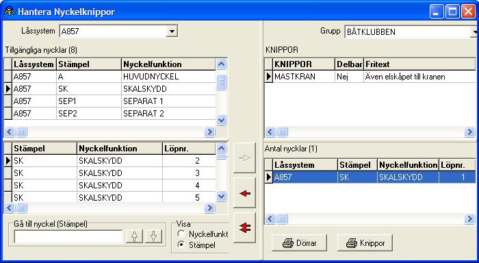 För att ta bort en nyckel från knippan markeras den och så klickar man på vänsterpilen för att ta bort den från knippan. Fortsätt sedan med att välja fler nycklar och löpnummer.