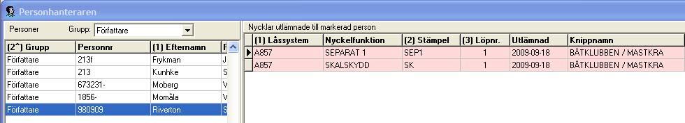 I personhanteraren visas de utlämnade nycklarna som röda med namnet på knippan som de tillhör. Dessa nycklar måste alltid lämnas ut och in tillsammans.