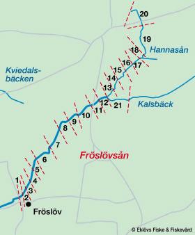 Karta 9. Fröslövsån-Hannasån med de sträckor som har inventerats 1-21. Åtgärder: Skyddszoner På några sträckor längs med Fröslövsån-Hannasån saknas skyddszon enligt tabell nedan.