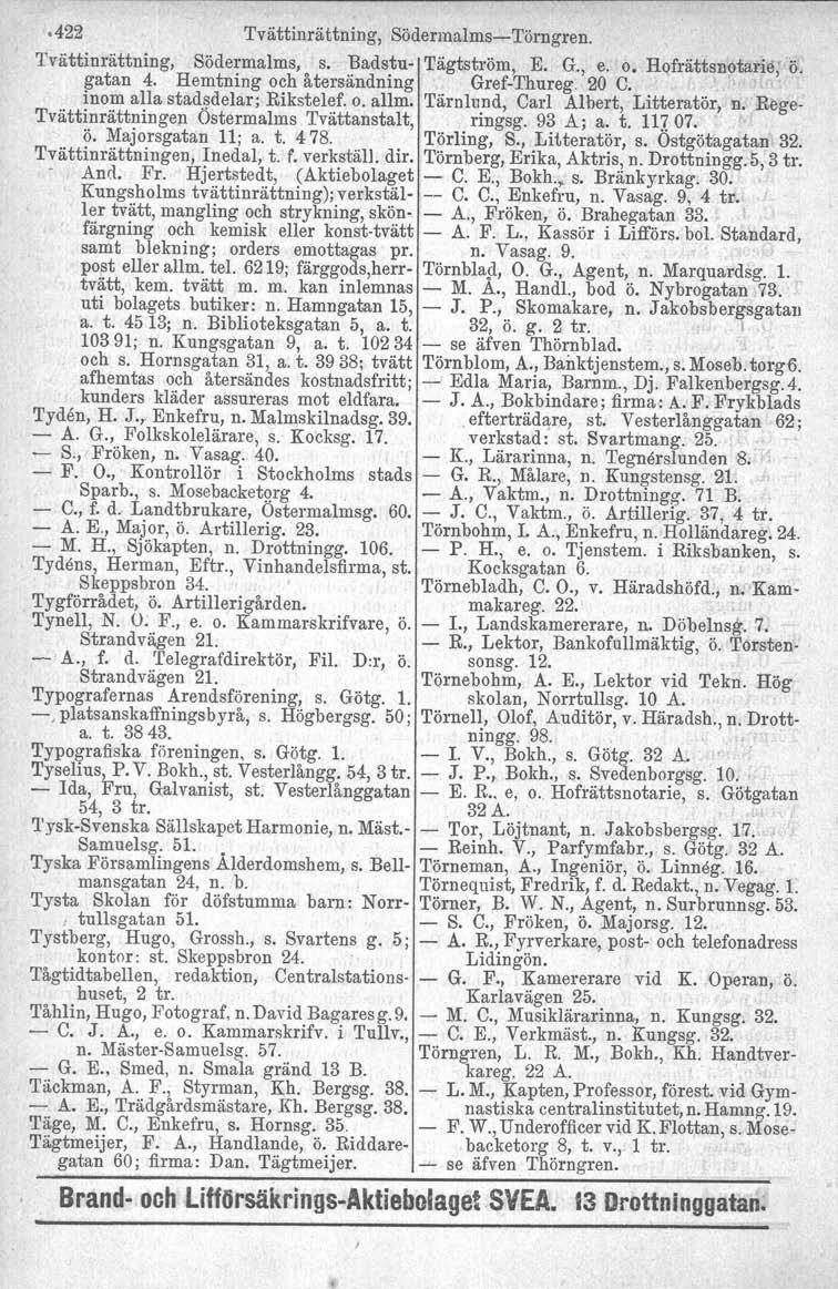 .422 Tvättinrättning, Södermalms-Törngren. Tvättinrättning, Södermalms, s. Badstu- Tägtström, E. G., e. o. Hqfrättsnotarie, ö, gatan 4. Remtning och återsändning Gref-Thureg 20 C.