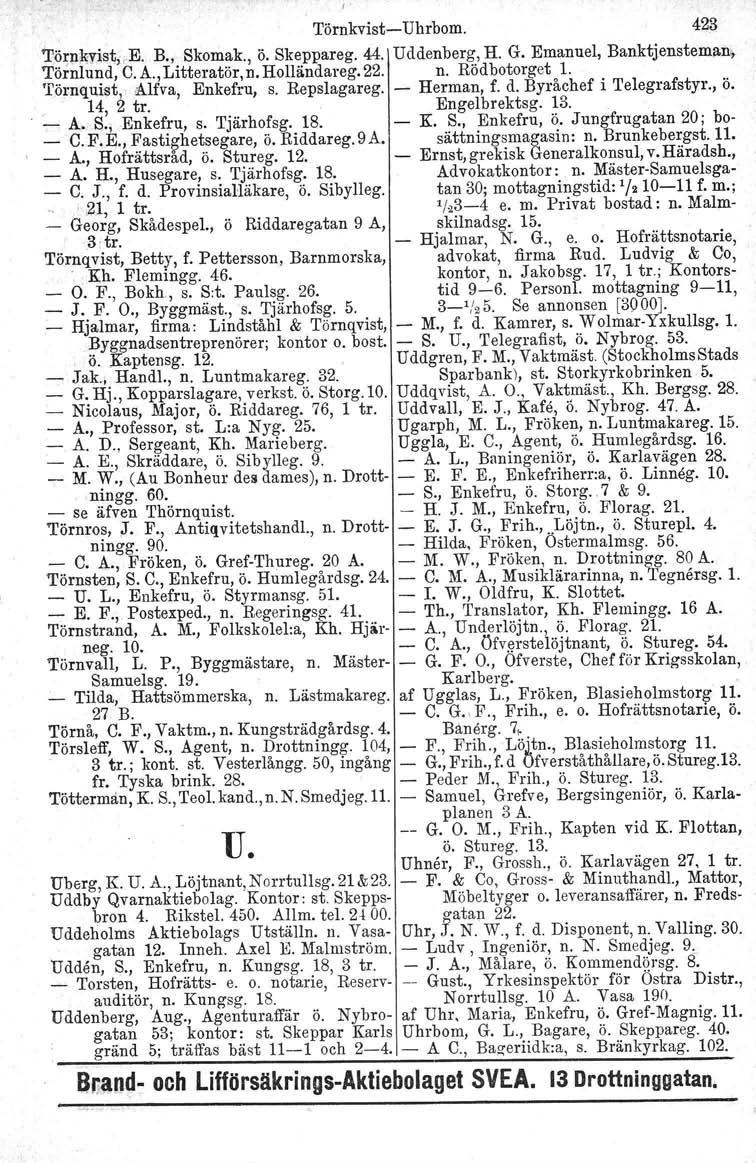 Törnkvist-Uhrhom. 423 Tö~n:kyist,.E. B., Skomak., ö. Skeppareg. 44. Uddenberg, H. G. Emanuel, Banktjensteman, Törnlund, C. A.,Litteratör,n. Holländareg.22. n.