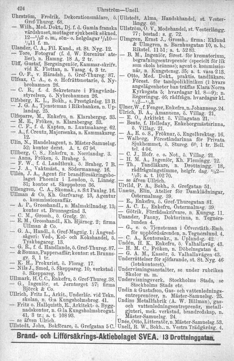 424 Uhrström- Unell. Uhrström, Fredrik, Dekorationsmålare, ö. Ullstedt, Alma, Handskhandel, st. Vester- GrefThureg. 68. långg. 60. - Wilh., Med. Dokt., Dj. f. d. Gamla franska Uflström, O. V., Modehandel, st.