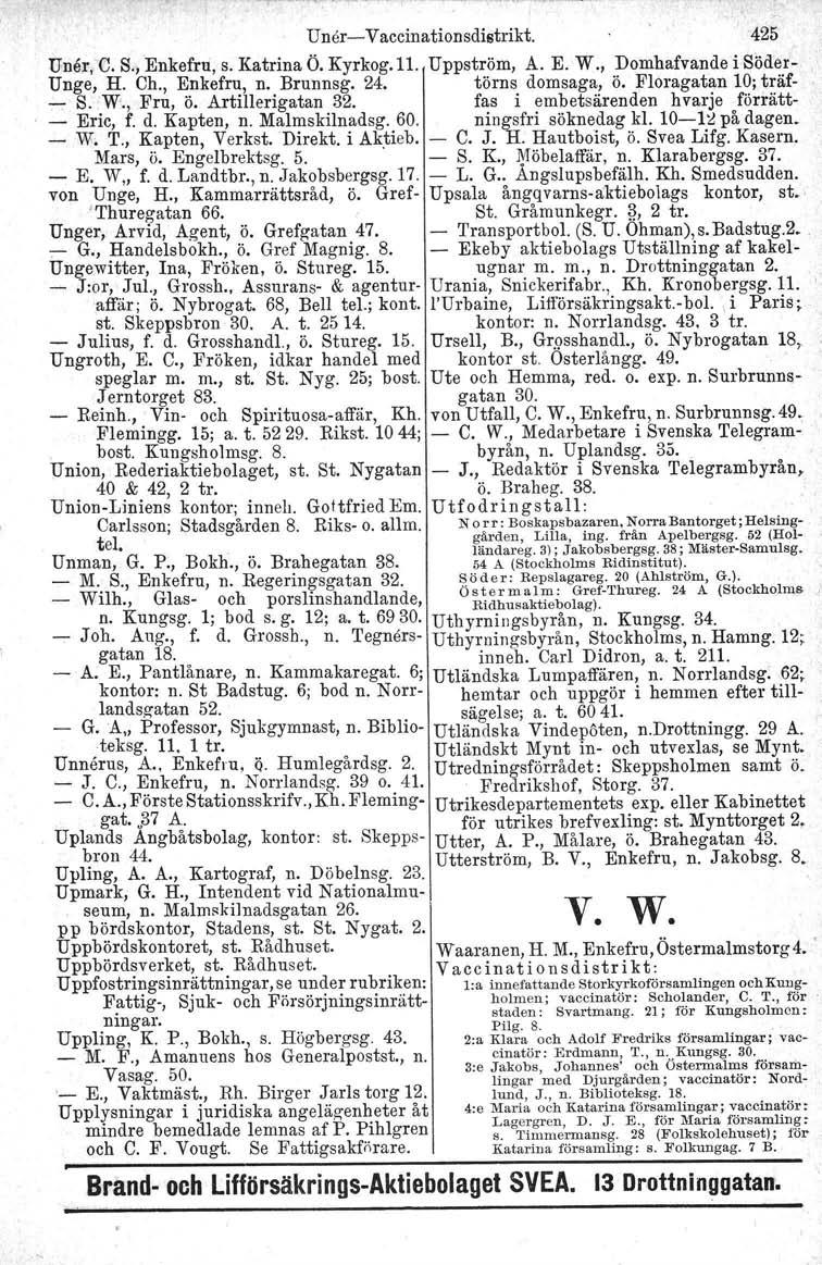 Uner-e-Vaocinationsdistrikt. 425 Uner:C. S,, Enkefru, s. Katrina Ö. Kyrkog.11. Uppström, A. E. W., Domhafvande i Söder- Unge, H. Ch., Enkefru, n. Brunnsg. 24. törns domsaga, ö.