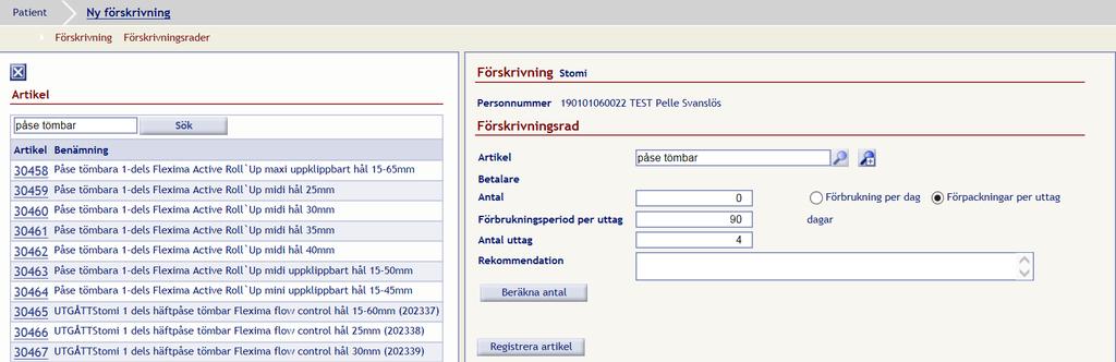 Registrera artiklar Sök artikel Du kan söka fram en artikel genom att ange artikelnumret eller genom att skriva del av artikelns benämning i fältet Artikel.