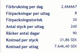 4 uttag ger en förbrukningsperiod på 90 dagar 2 uttag ger en förbrukningsperiod på 180 dagar 1 uttag ger en förbrukningsperiod på 365 dagar Ange Antal, Förbrukning per dag Ange Antal uttag,